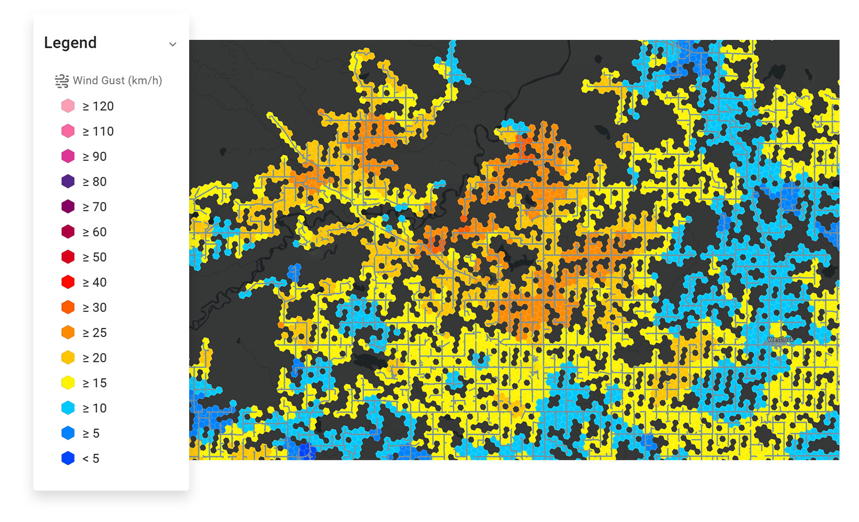 Screen showing wind gust amounts by region that effect wildfire spread