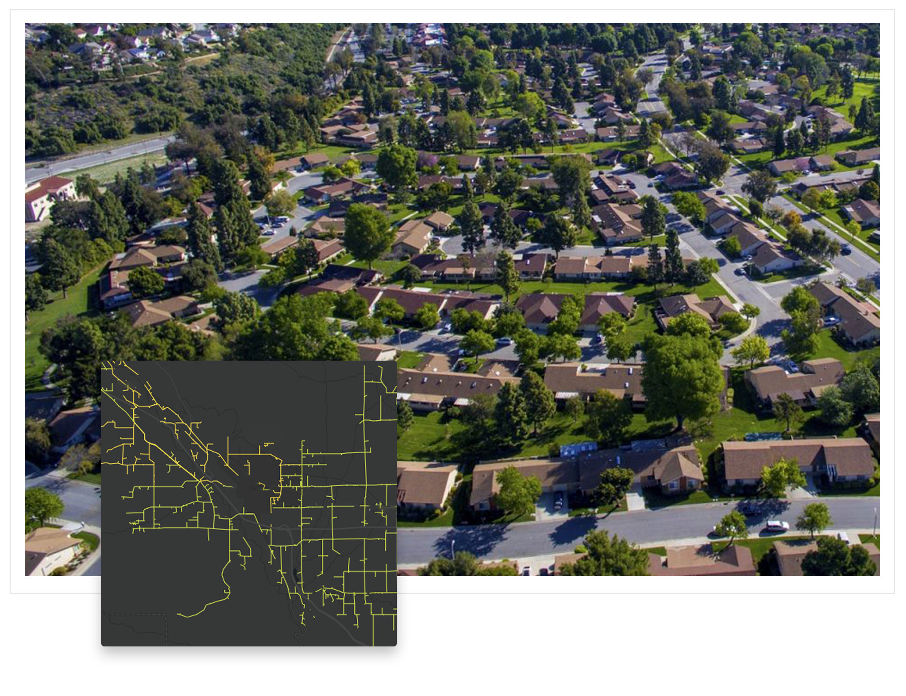 A photo with a community of houses and a map showing what's at risk