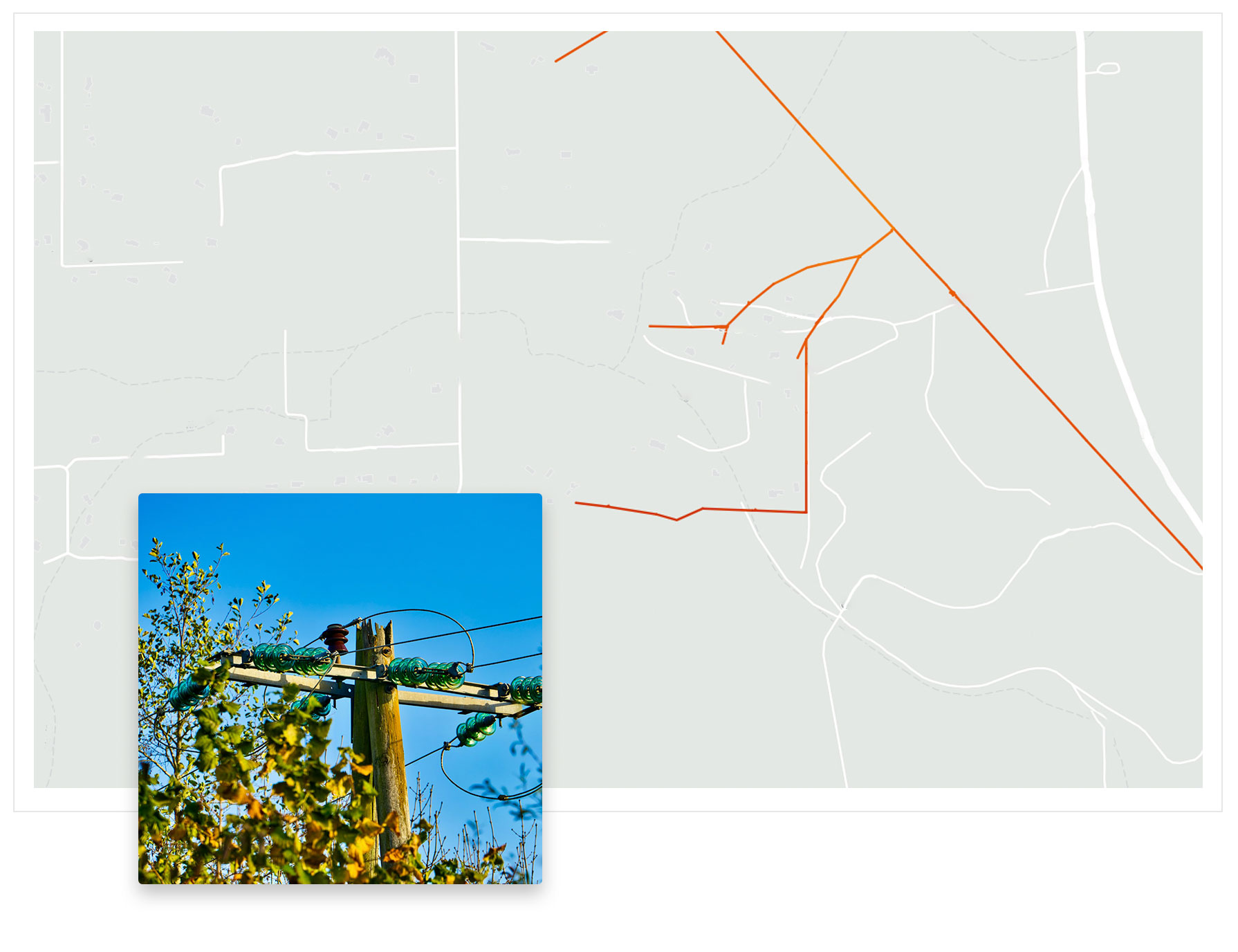 Photo of vegetation growing near power lines and a map of where the lines are impacted