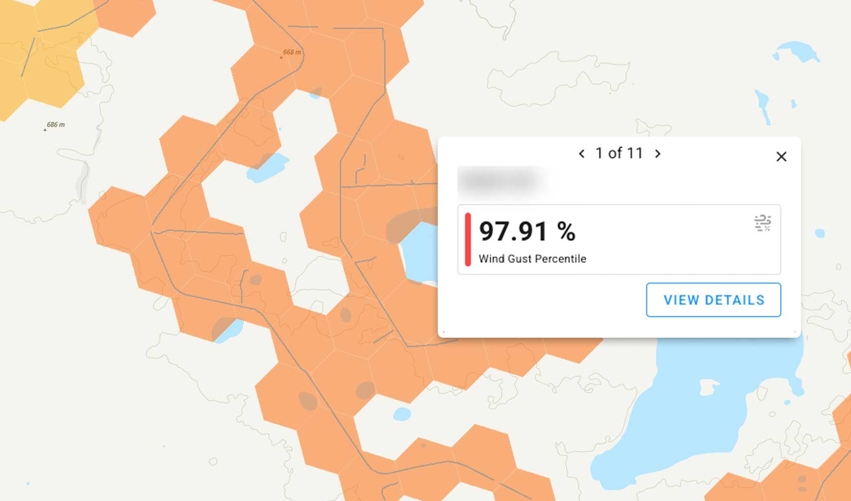 map showing wind gust percentages