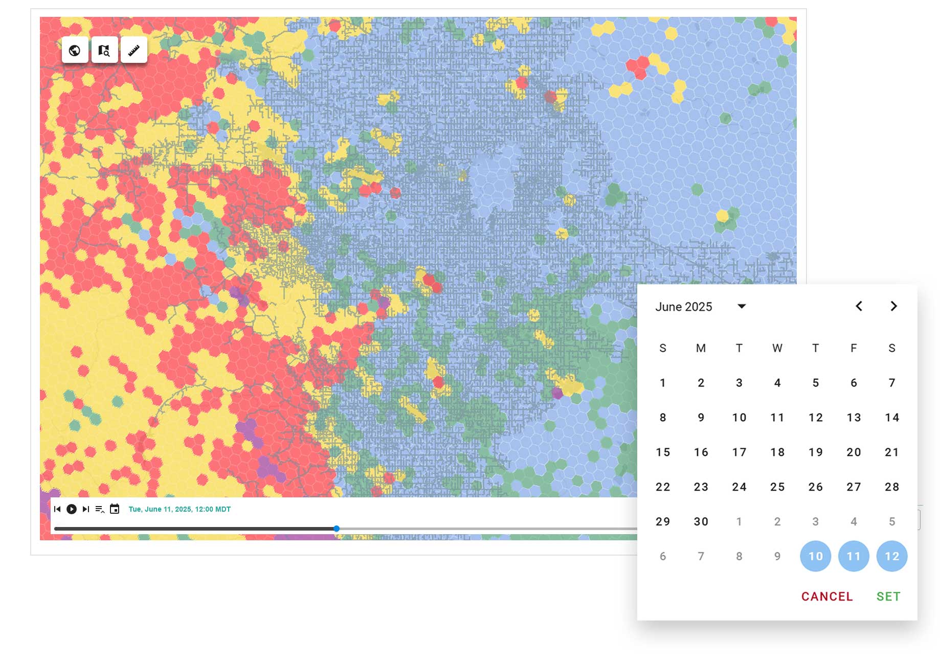 Technosylva map screens and a calendar selector