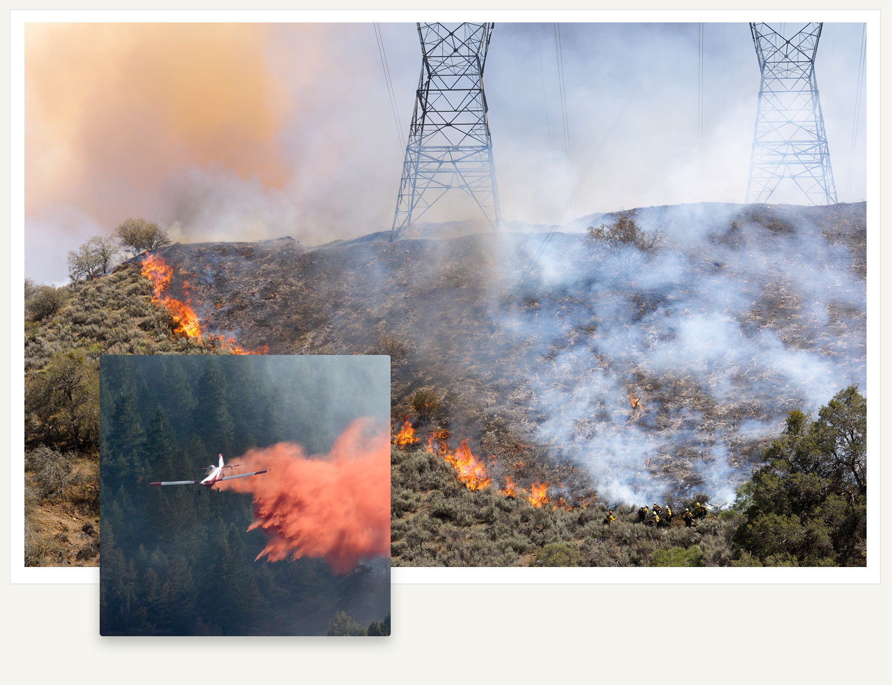 Photo of a wildfire near power lines and also an airplane dropping fire retardant
