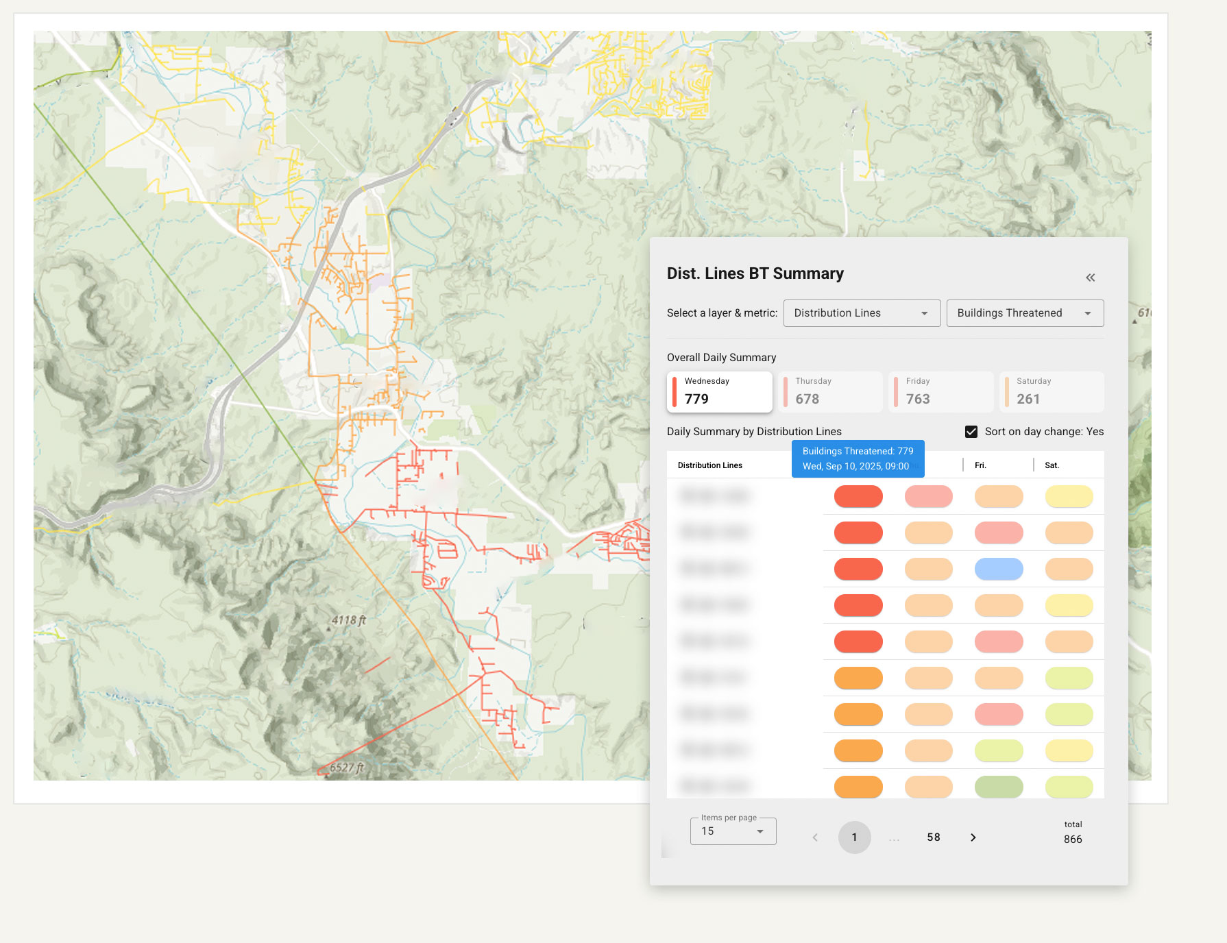 Map and dashboard showing buildings threatened