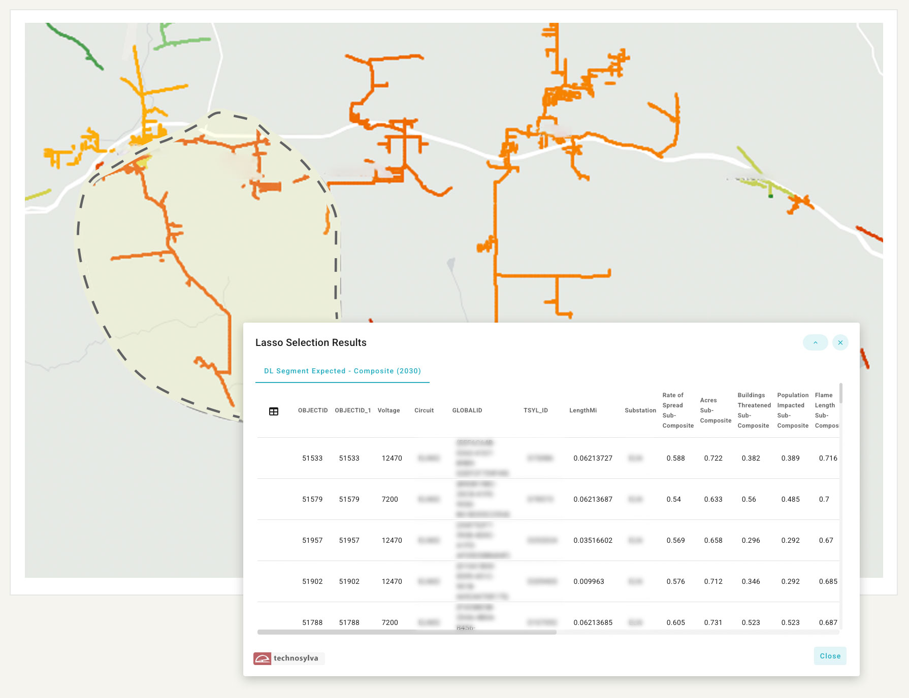 Map showing circuit level drill downs for asset protection