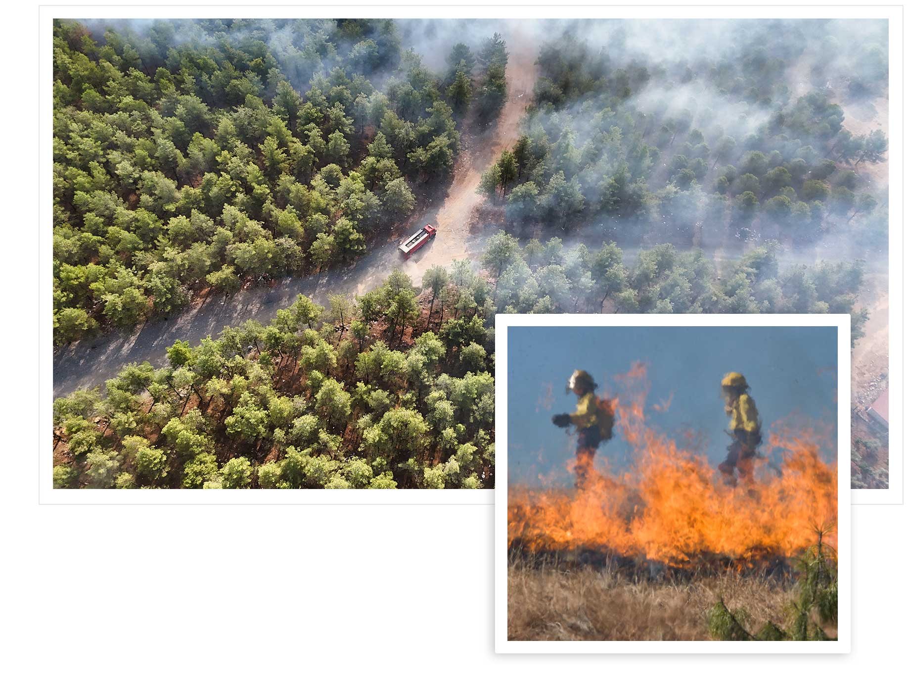 wildfire smoke, a truck and a firefighter