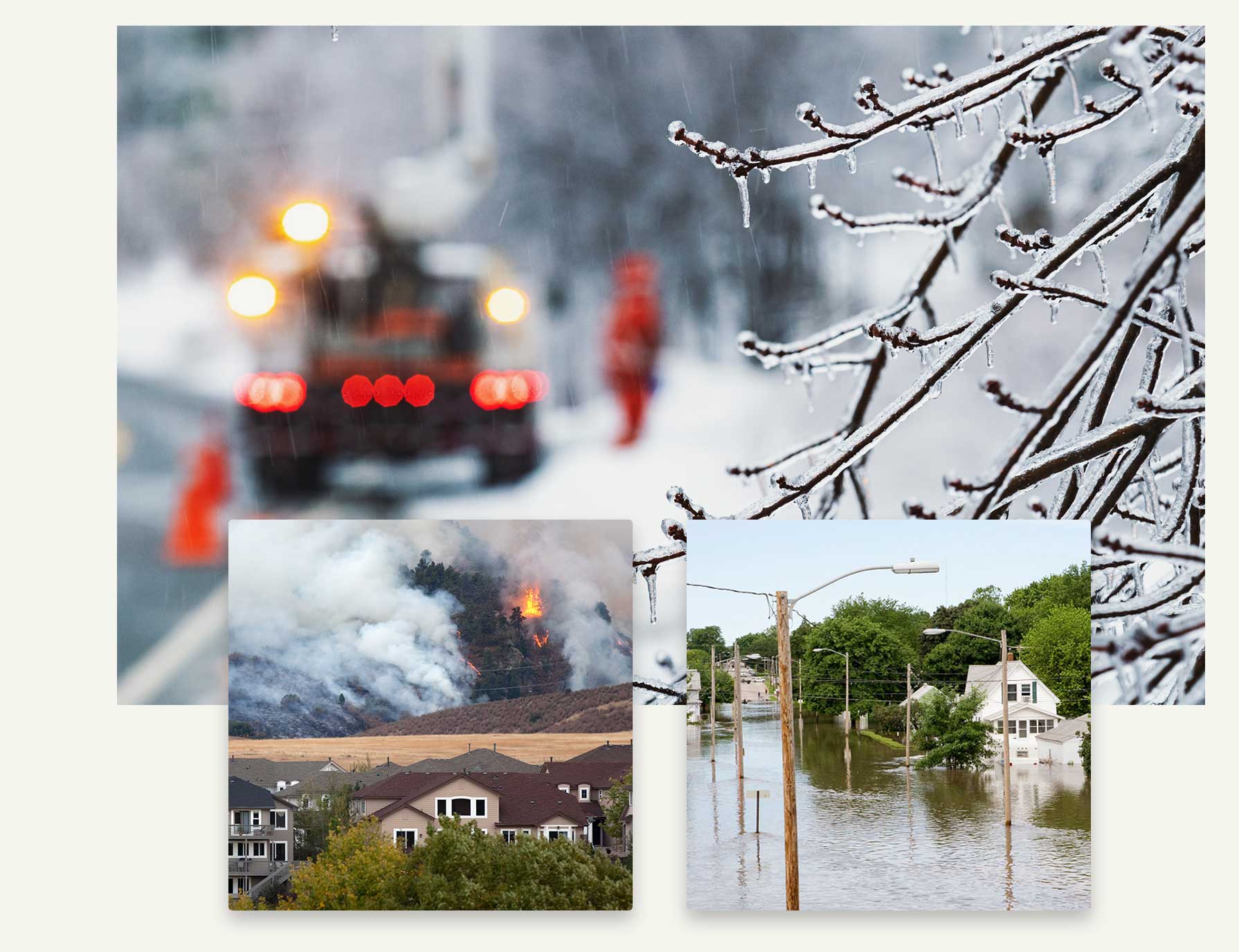 photos of frozen power lines, wildfire near homes, and flooding in a community.