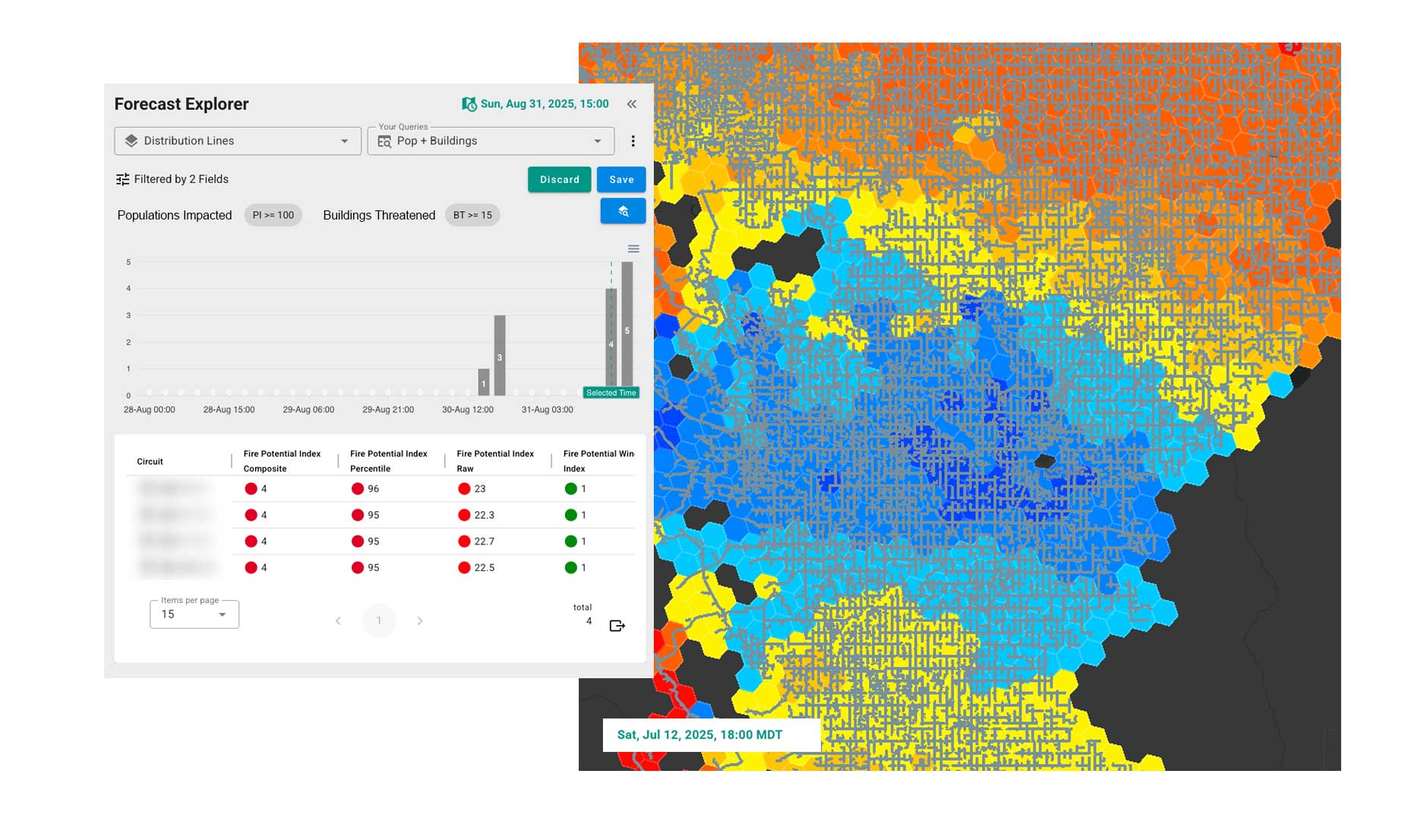 Map showing populations and buildings threatened by wildfire