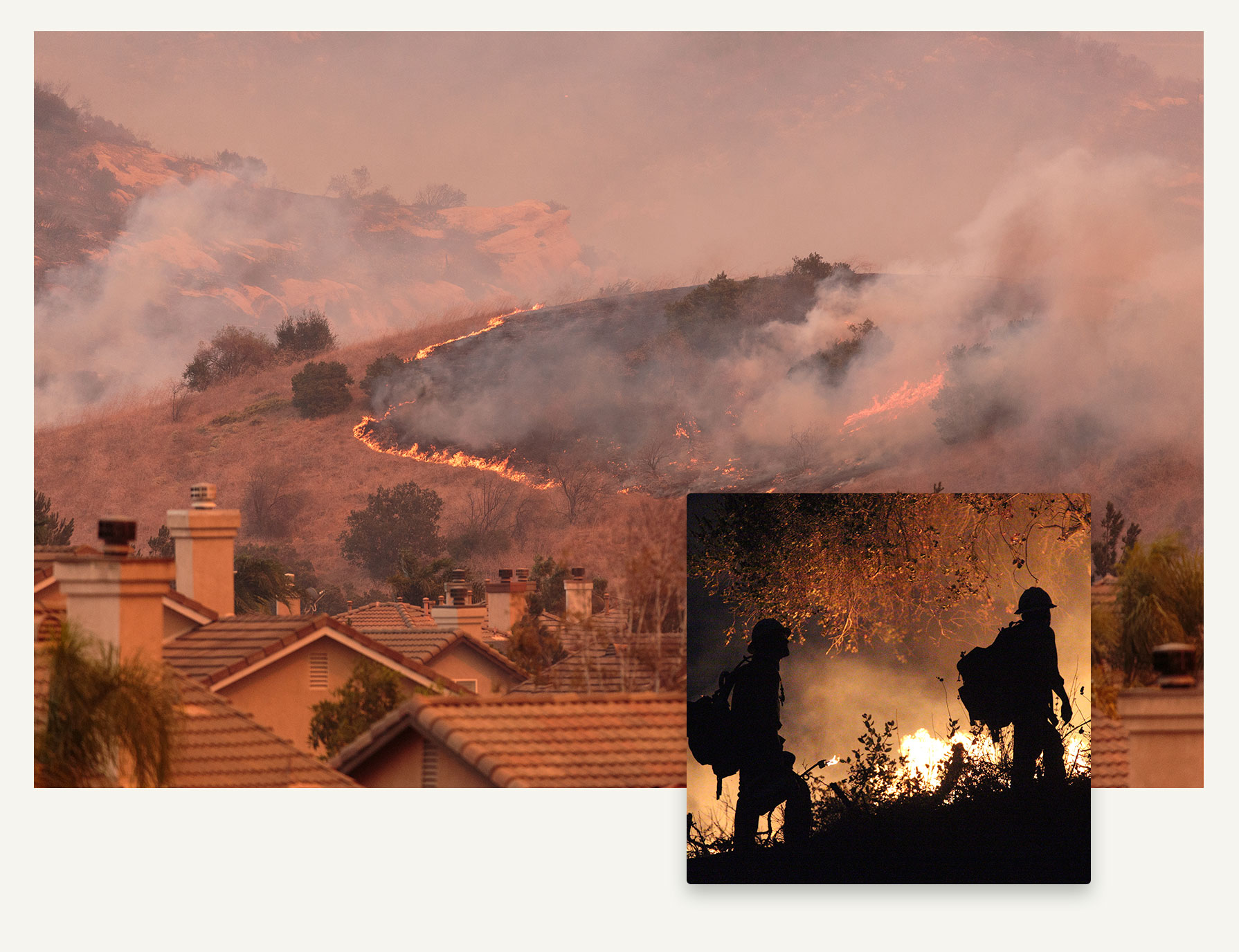 wildfire near homes and firefighters working on it