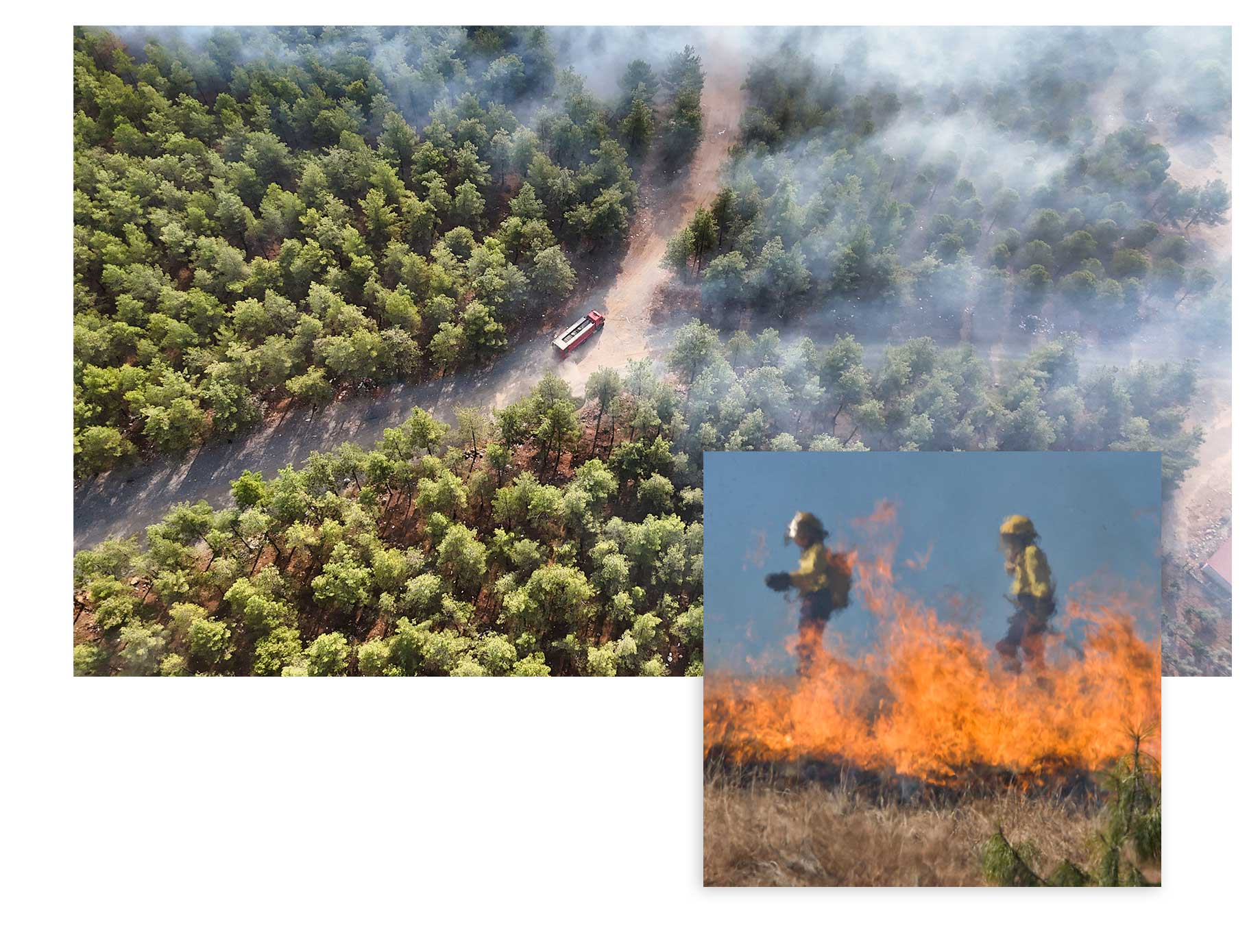 wildfire smoke, a truck and a firefighter