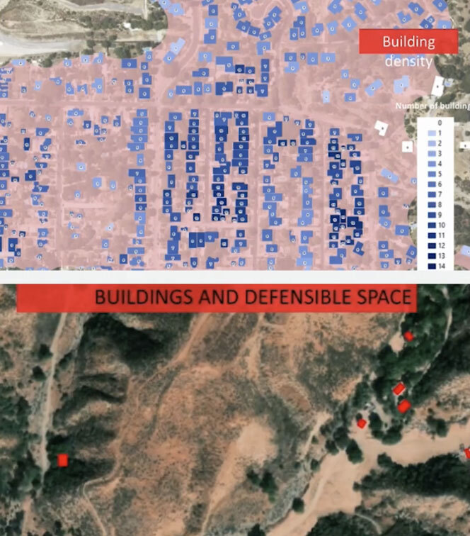 Two aerial map visualizations from Technosylva's urban conflagration analysis. Top: A satellite view of a residential neighborhood overlaid with a building density heat map, using a blue color scale ranging from 0 to 14 buildings per area. Bottom: A satellite view of a wildland-urban interface area showing scattered structures (marked in red) surrounded by dry, sparse vegetation, illustrating buildings with limited defensible space.