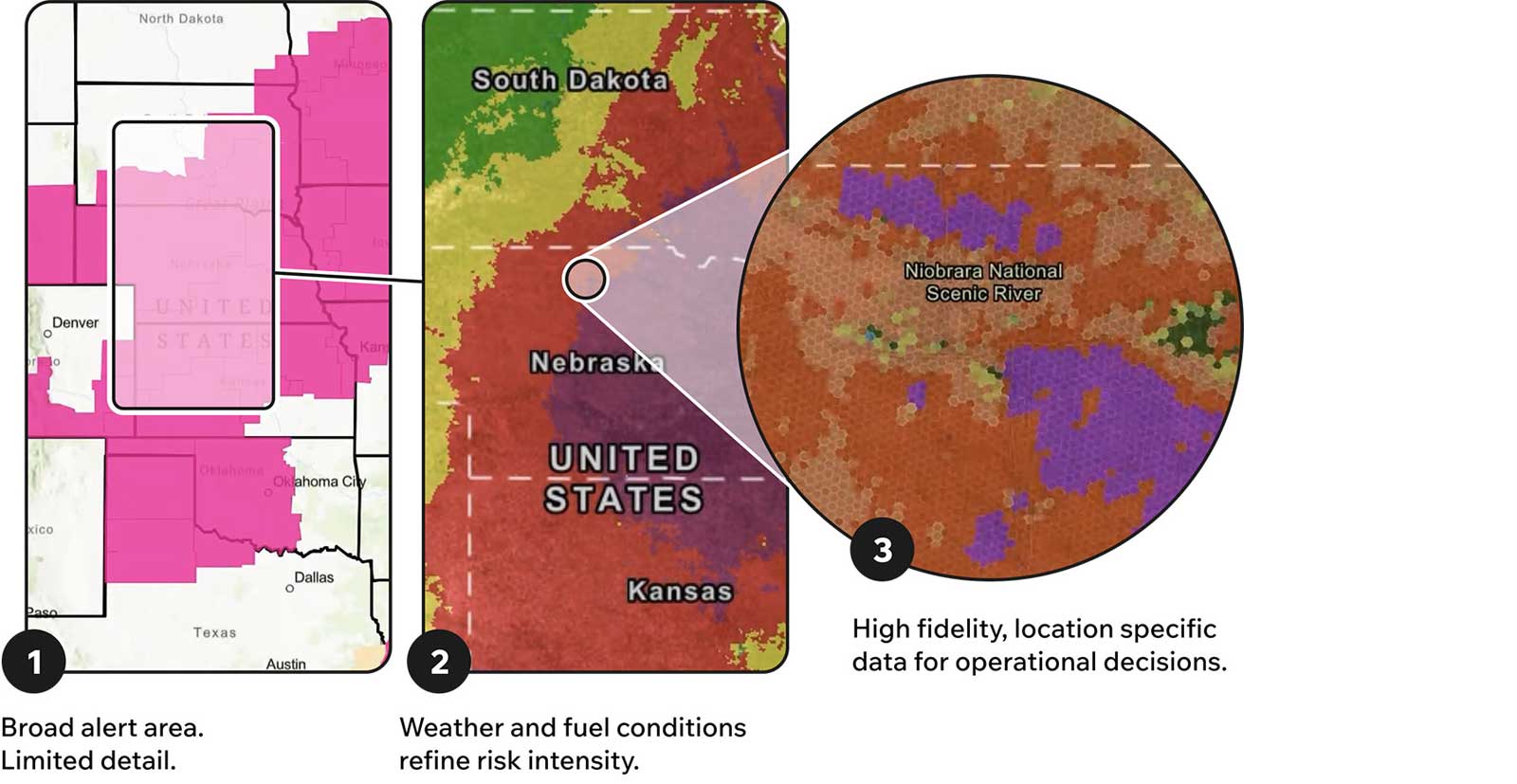 Maps showing broad ranges all the way to high fidelity location using Technosylva