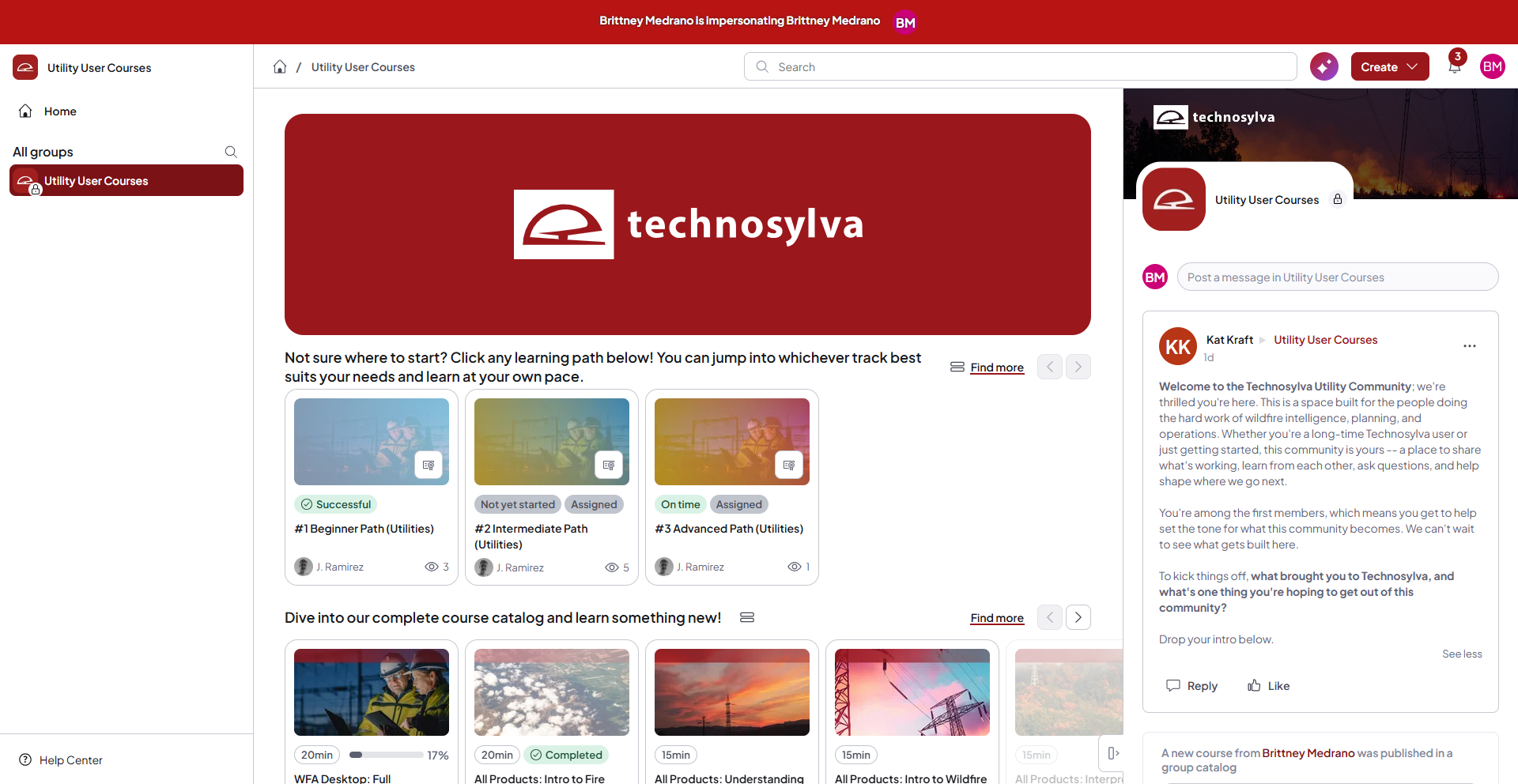 Technosylva utility training platform with online learning paths, utility workforce development courses, wildfire risk management education, grid operations training, emergency preparedness resources, and collaborative learning tools for electric utility organizations.